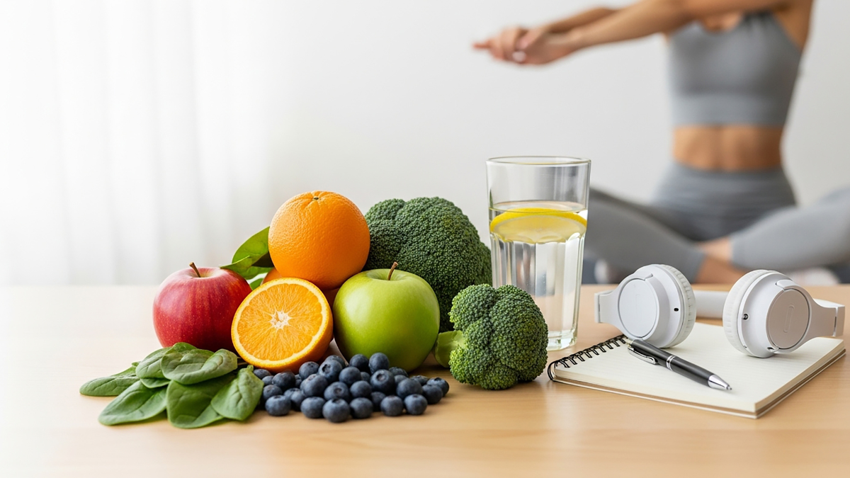 Assorted fruits, vegetables, a glass of water, and fitness accessories on a table.