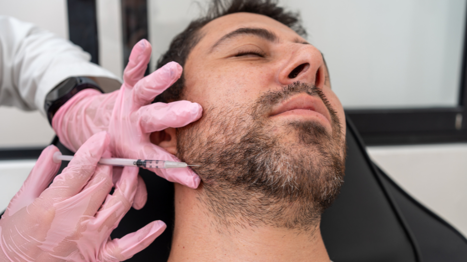 Bearded man receiving a jawline injectable while pink-gloved hands hold a syringe, with references to Botox and facial refinement in the treatment context.