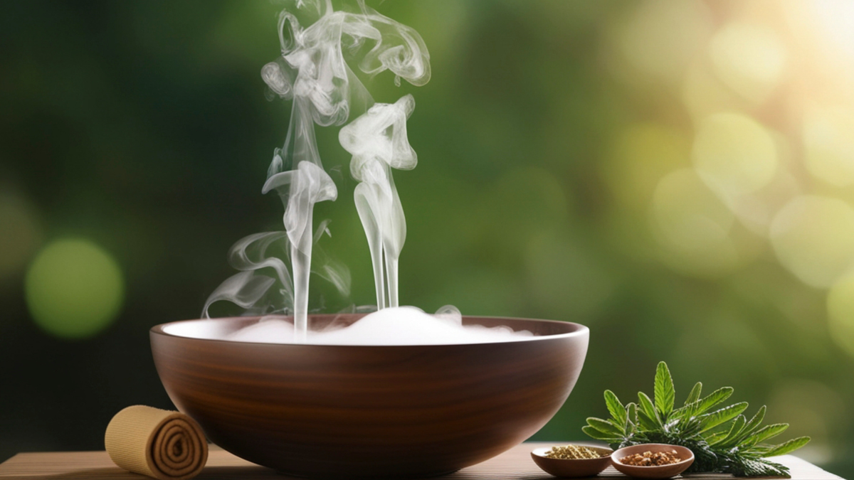 Wooden bowl emitting steam with herbs and spices on a wooden surface.
