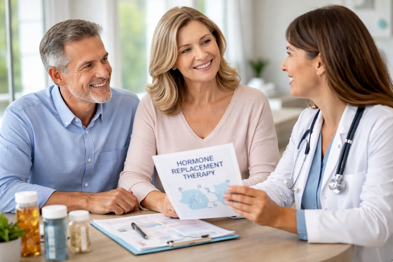 Welby Wellness & Aesthetics clinician explains Hormone Replacement Therapy to a smiling middle-aged couple, with a brochure labeled 'HORMONE REPLACEMENT THERAPY' on the table